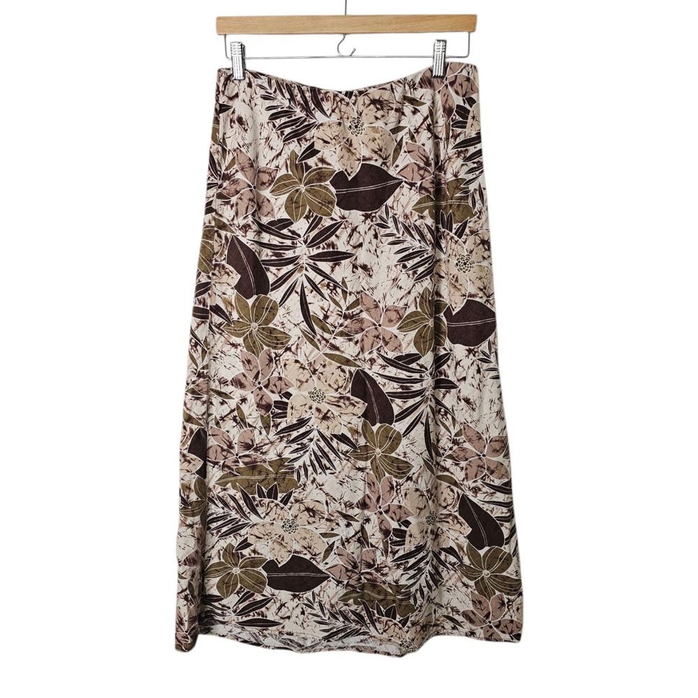 VTG M Linen Blend A-Line Maxi Skirt Brown Tropical Floral Lined‎ Elastic Waist